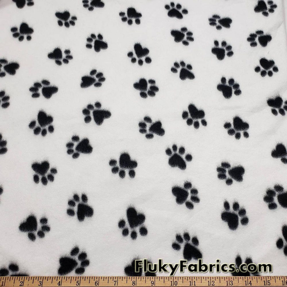 Black Dog Paws on White Fleece Fabric by the Yard