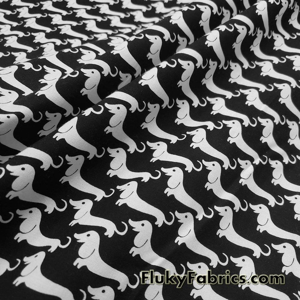 White Wiener Dogs Print on Black Cotton Woven Apparel Fabric