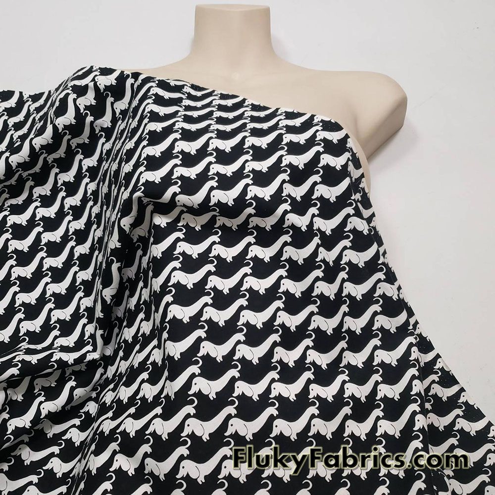 White Wiener Dogs Print on Black Cotton Woven Apparel Fabric