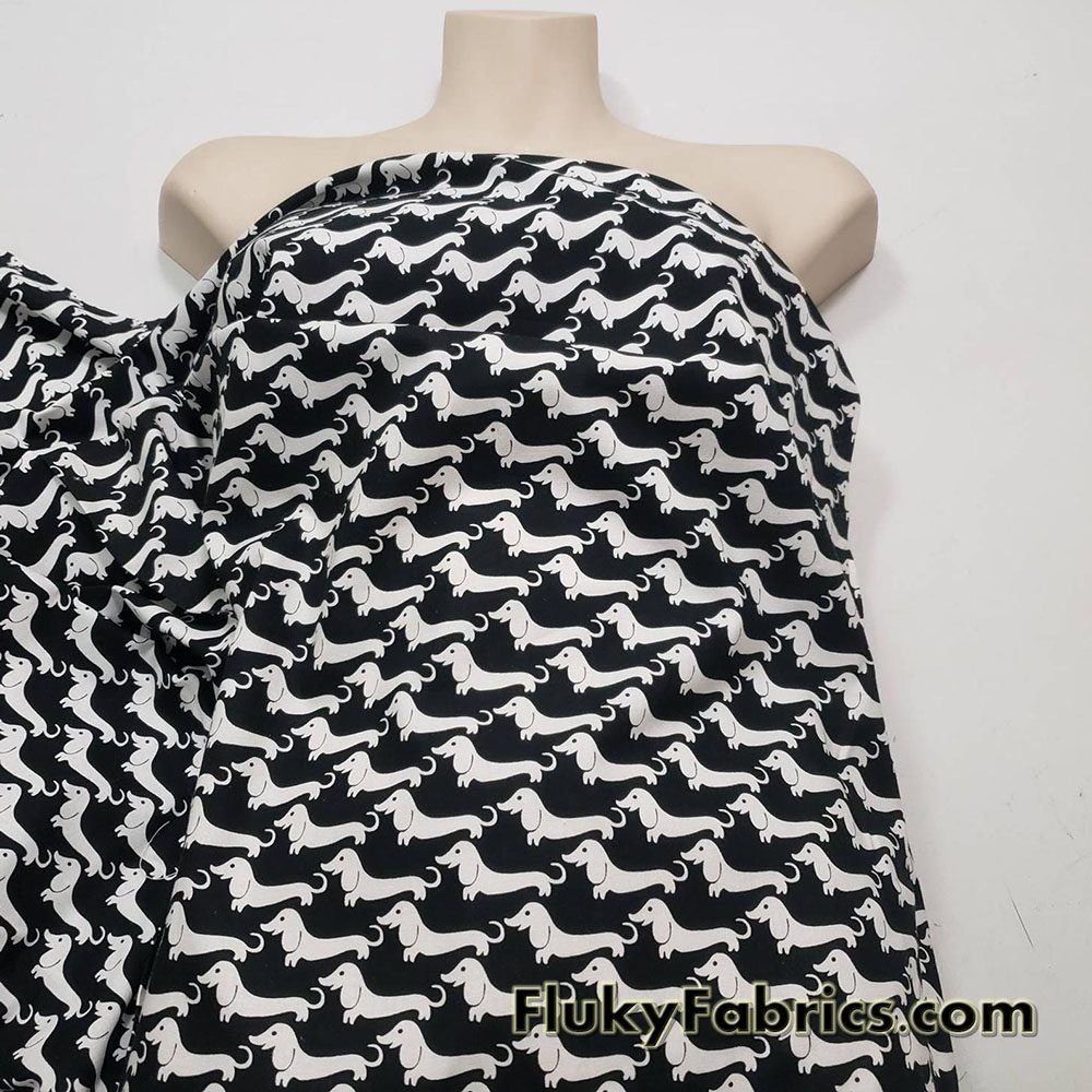 White Wiener Dogs Print on Black Cotton Woven Apparel Fabric