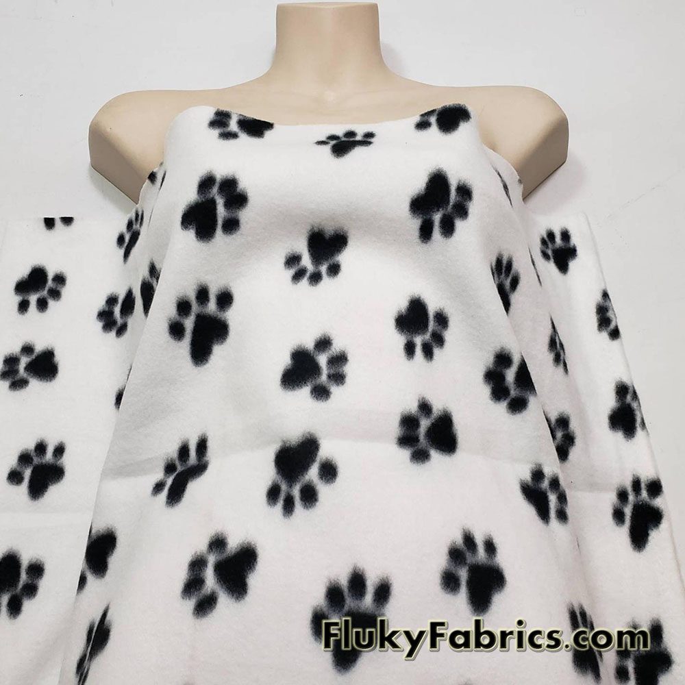 Black Dog Paws on White Fleece Fabric by the Yard