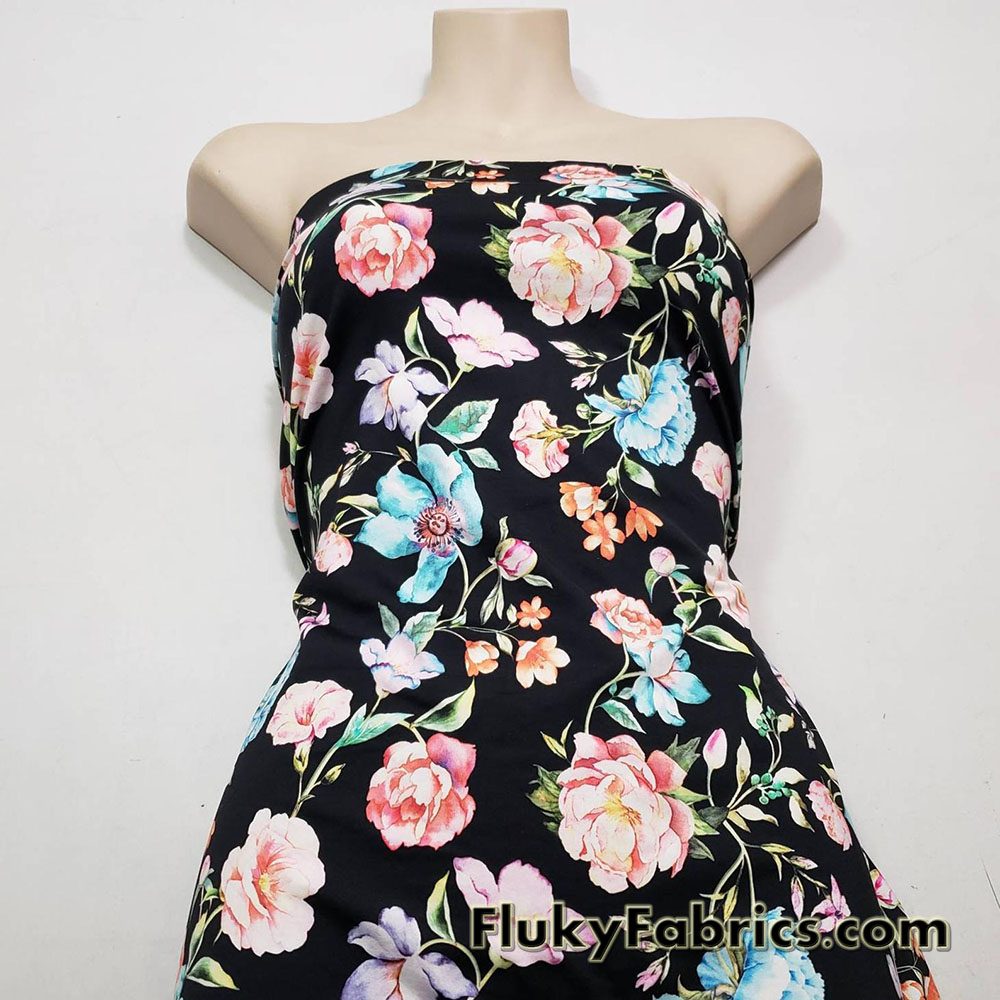 Pastel Roses Print Over a Black Background Swimsuit Nylon Spandex Fabric
