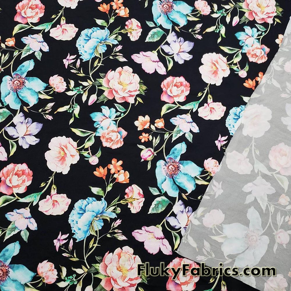 Pastel Roses Print Over a Black Background Swimsuit Nylon Spandex Fabric