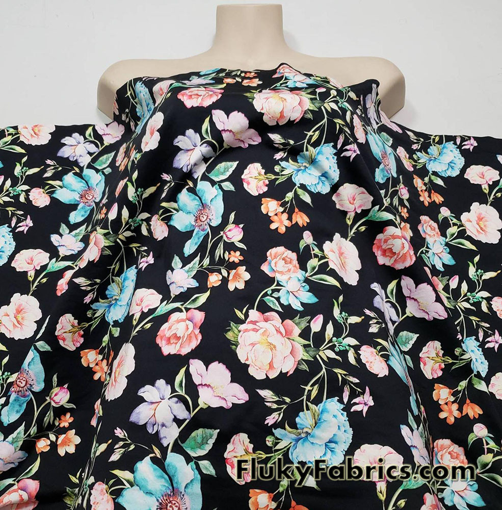 Pastel Roses Print Over a Black Background Swimsuit Nylon Spandex Fabric