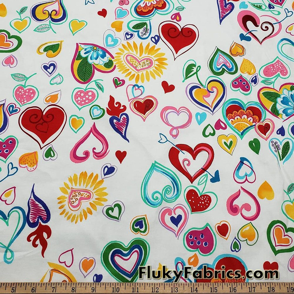 Flowery Hearts Print on White 44" Wide Cotton Woven Fabric at FlukyFabrics.com