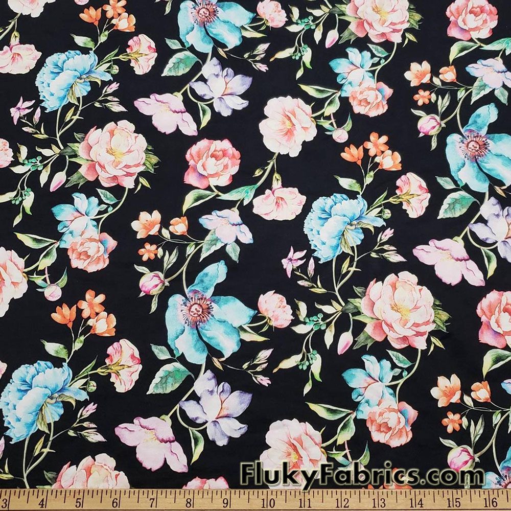 Pastel Roses Print Over a Black Background Swimsuit Nylon Spandex Fabric