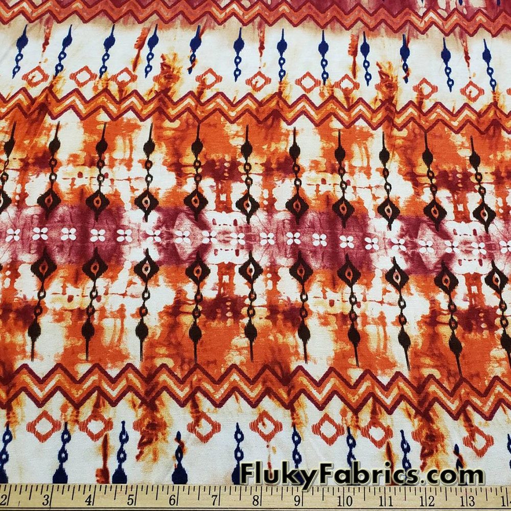 Distressed Ethnic Tie Dye Print Rayon Spandex Jersey Fabric at FlukyFabrics.com