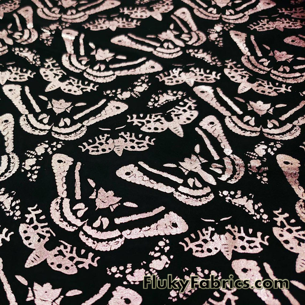 Butterflies and Moths in Rose Gold Foil 4 Way Stretch Nylon Spandex Bikini Swimsuit Swimwear Fabric