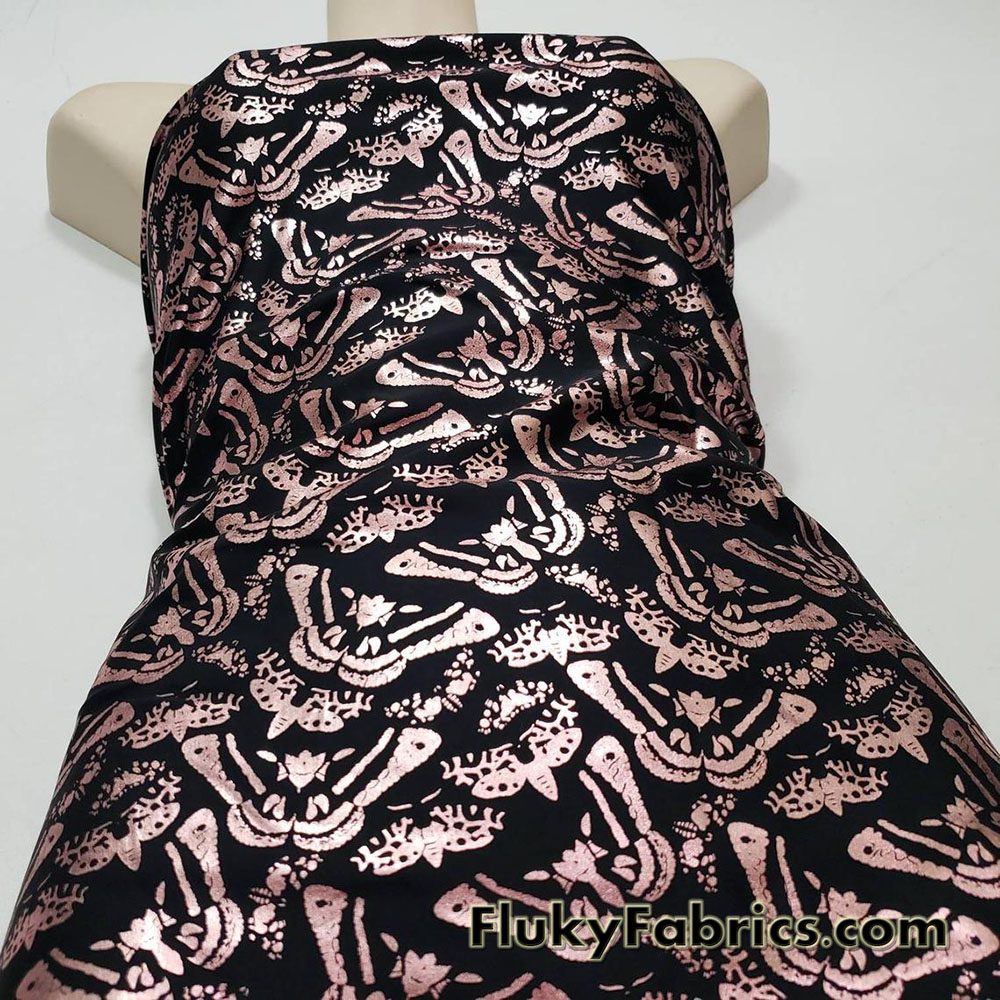 Butterflies and Moths in Rose Gold Foil 4 Way Stretch Nylon Spandex Bikini Swimsuit Swimwear Fabric