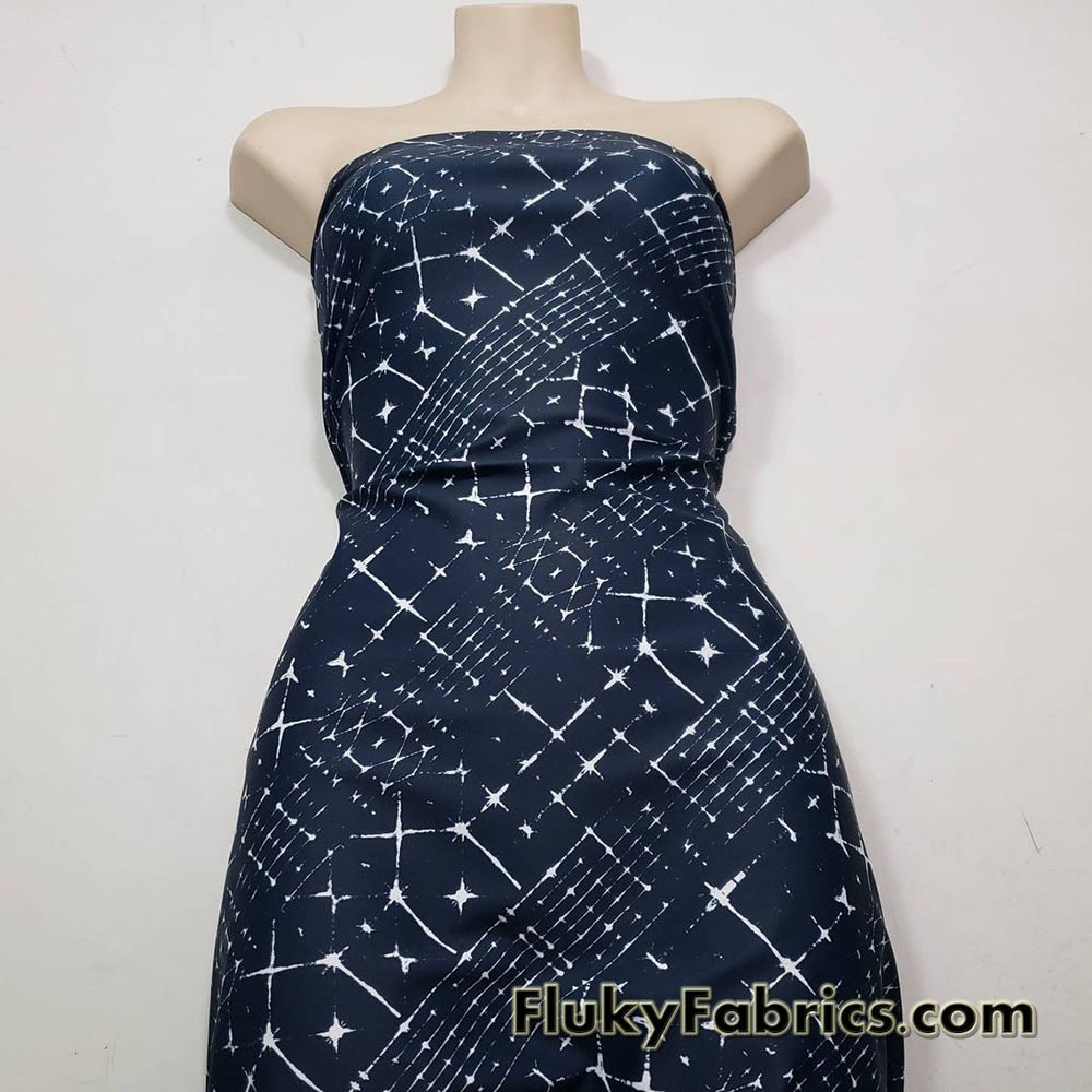 White Diagonal Design on Dark Navy 4 Way Stretch Nylon Spandex Swimsuit Fabric