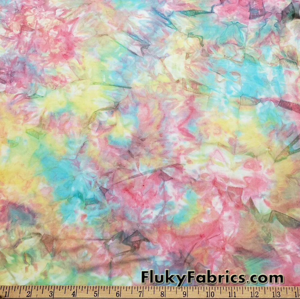 Light Pastel Colors Messy Tie Dye and Red Spray Print Lightweight Bikini Fabric
