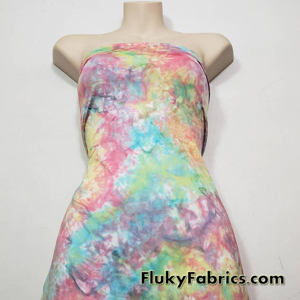 Light Pastel Colors Messy Tie Dye and Red Spray Print Lightweight Bikini Fabric