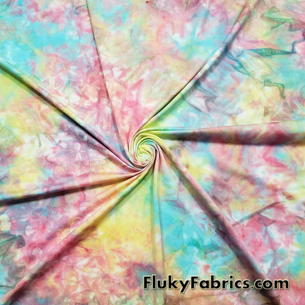 Light Pastel Colors Messy Tie Dye and Red Spray Print Lightweight Bikini Fabric