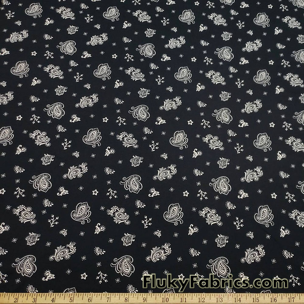 Off White Bandana Paisleys on Black Print Swimwear Fabric