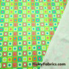 Colorful Squares and Dots on Lime Green Print Poly Spandex Fabric