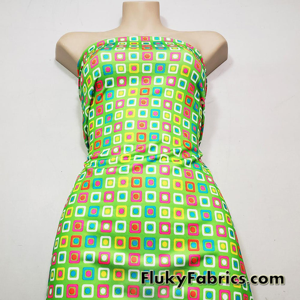 Colorful Squares and Dots on Lime Green Print Poly Spandex Fabric - Fluky Fabrics Online Shop Colorful Squares and Dots on Lime Green Print Poly Spandex Fabric - Fluky Fabrics Online Shop