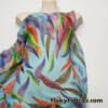 Colorful Feathers Print on Blue Chiffon Fabric