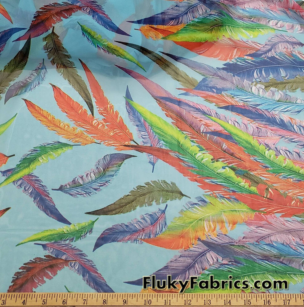 Colorful Feathers Print on Blue Chiffon Fabric