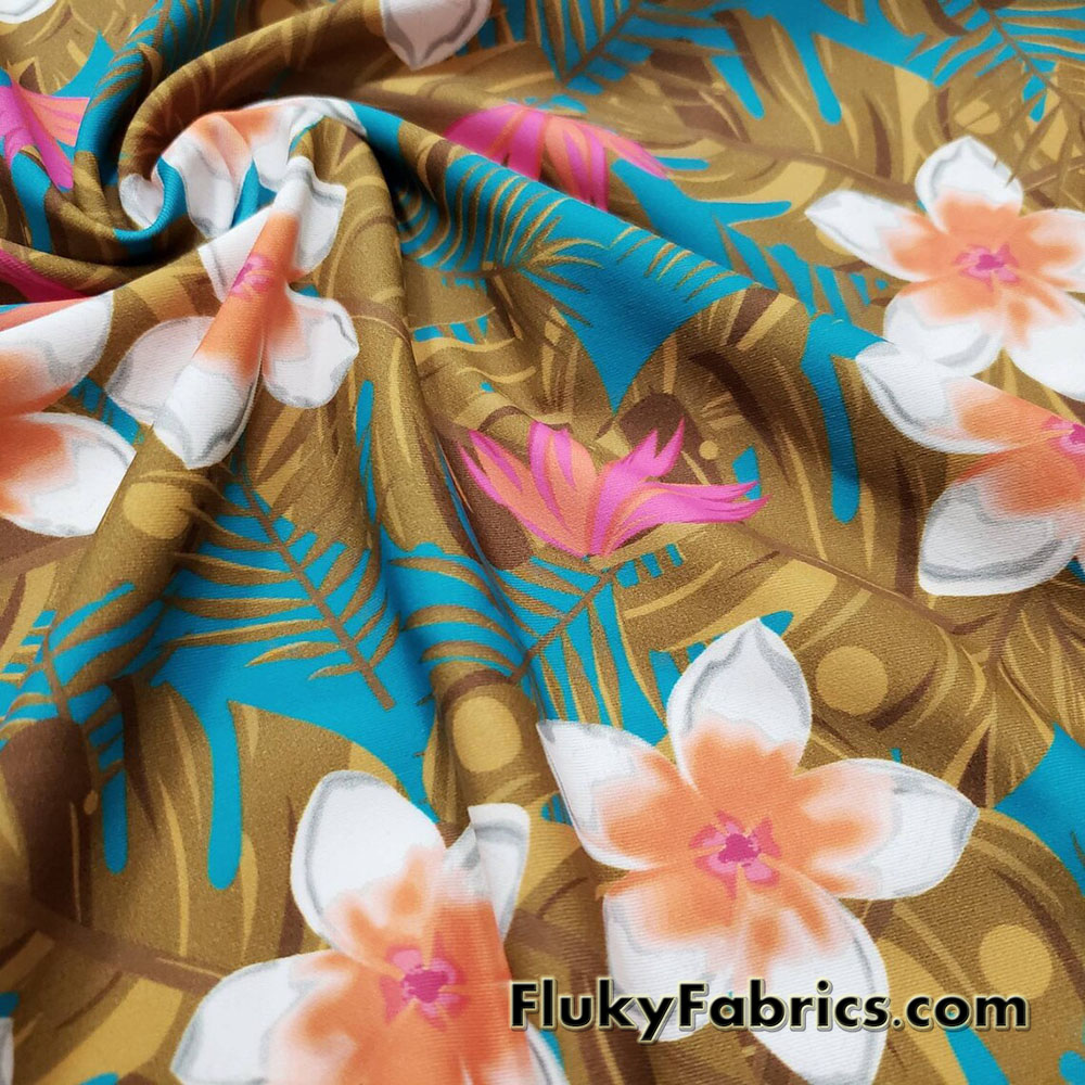 Cute White Tropical Flowers and Foliage Print Swimsuit Nylon Spandex Fabric