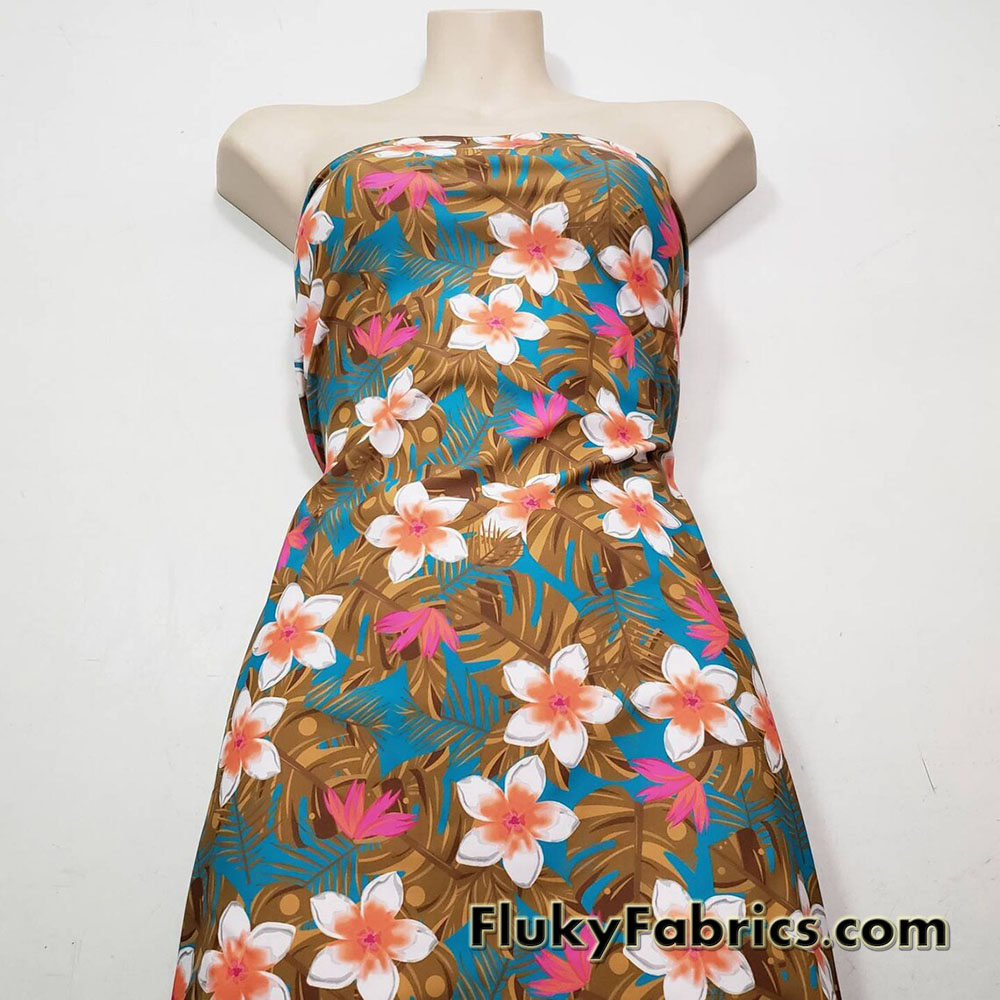 Cute White Tropical Flowers and Foliage Print Swimsuit Nylon Spandex Fabric