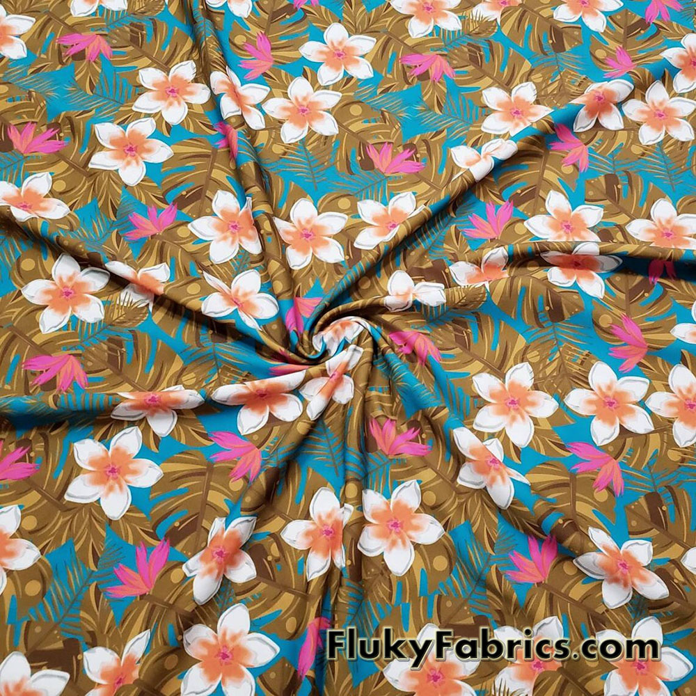 Cute White Tropical Flowers and Foliage Print Swimsuit Nylon Spandex Fabric