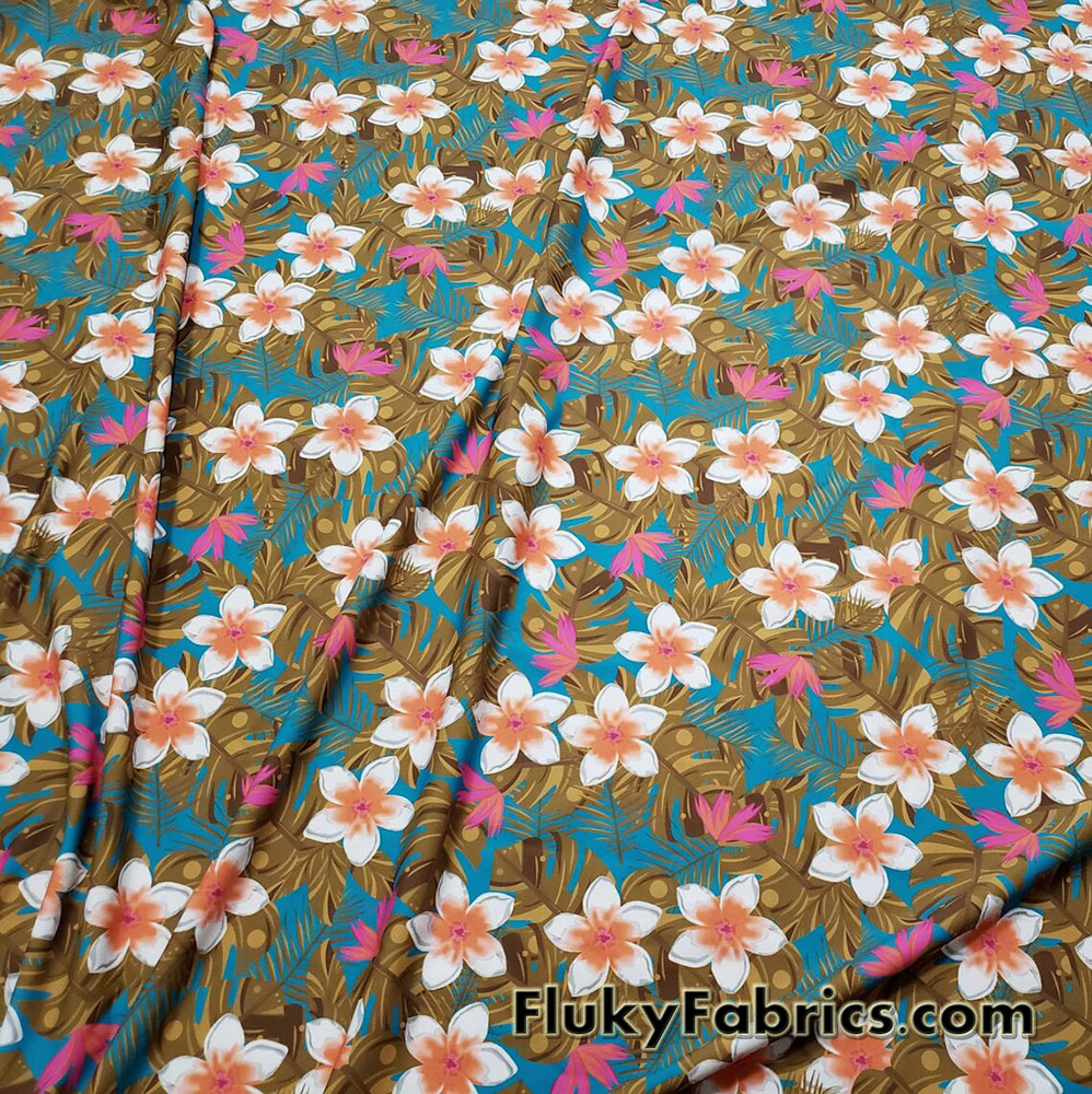 Cute White Tropical Flowers and Foliage Print Swimsuit Nylon Spandex Fabric