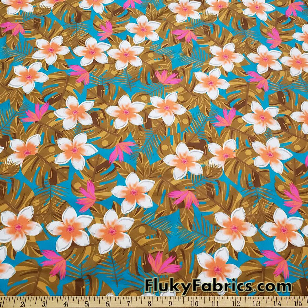 Cute White Tropical Flowers and Foliage Print Swimsuit Nylon Spandex Fabric
