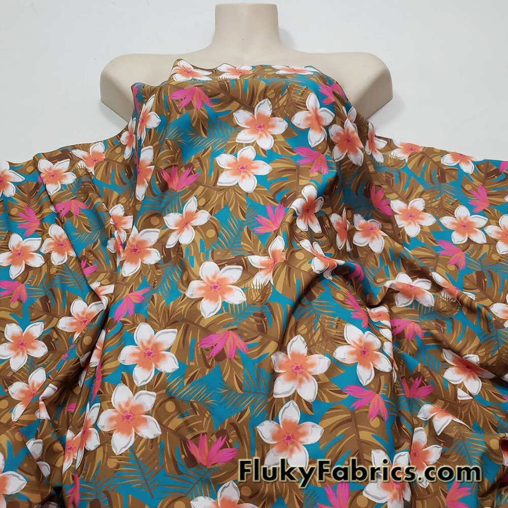 Cute White Tropical Flowers and Foliage Print Swimsuit Nylon Spandex Fabric
