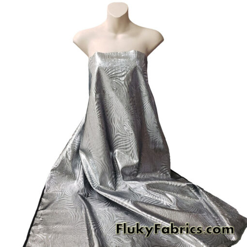 Silver and Black Swirl Design Metallic Brocade Fabric