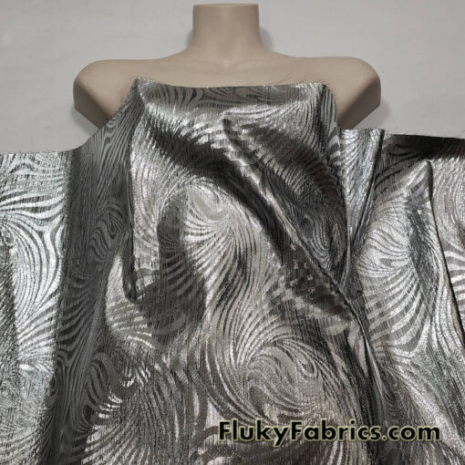 Silver and Black Swirl Design Metallic Brocade Fabric