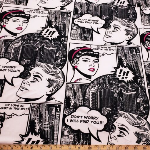 Black and White Comic Book Style Print Single Spandex Fabric