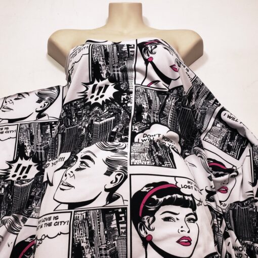 Black and White Comic Book Style Print Single Spandex Fabric