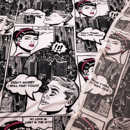 Black and White Comic Book Style Print Single Spandex Fabric