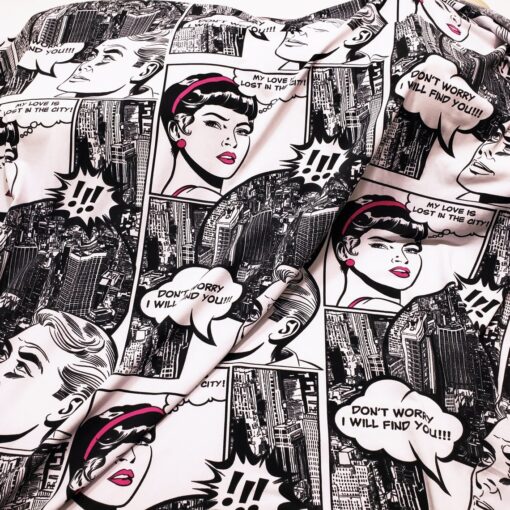 Black and White Comic Book Style Print Single Spandex Fabric