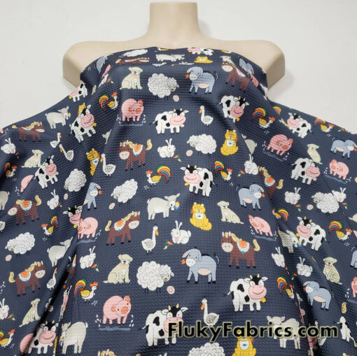Cartoon Farm Animals Print on Bullet Textured Liverpool Fabric