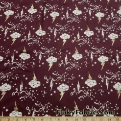 Clouds, Lightning, Hearts and Stars Print on Dark Burgundy Color Fleece Fabric at flukyfabrics.com