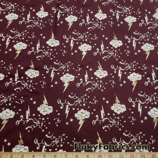 Clouds, Lightning, Hearts and Stars Print on Dark Burgundy Color Fleece Fabric