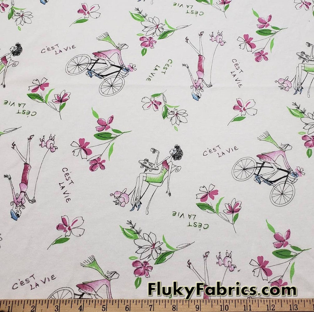 French Life Print on White Cotton Rib Fabric