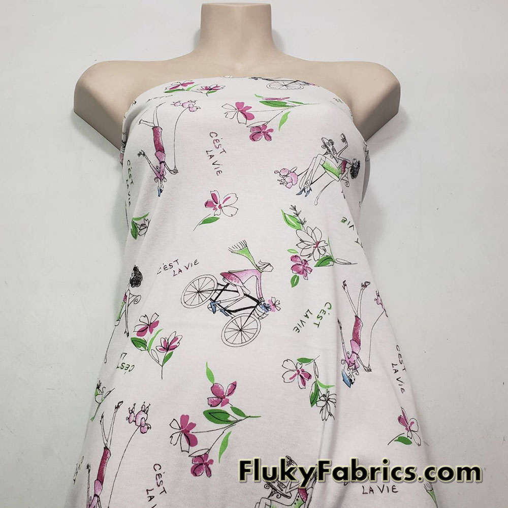 French Life Print on White Cotton Rib Fabric