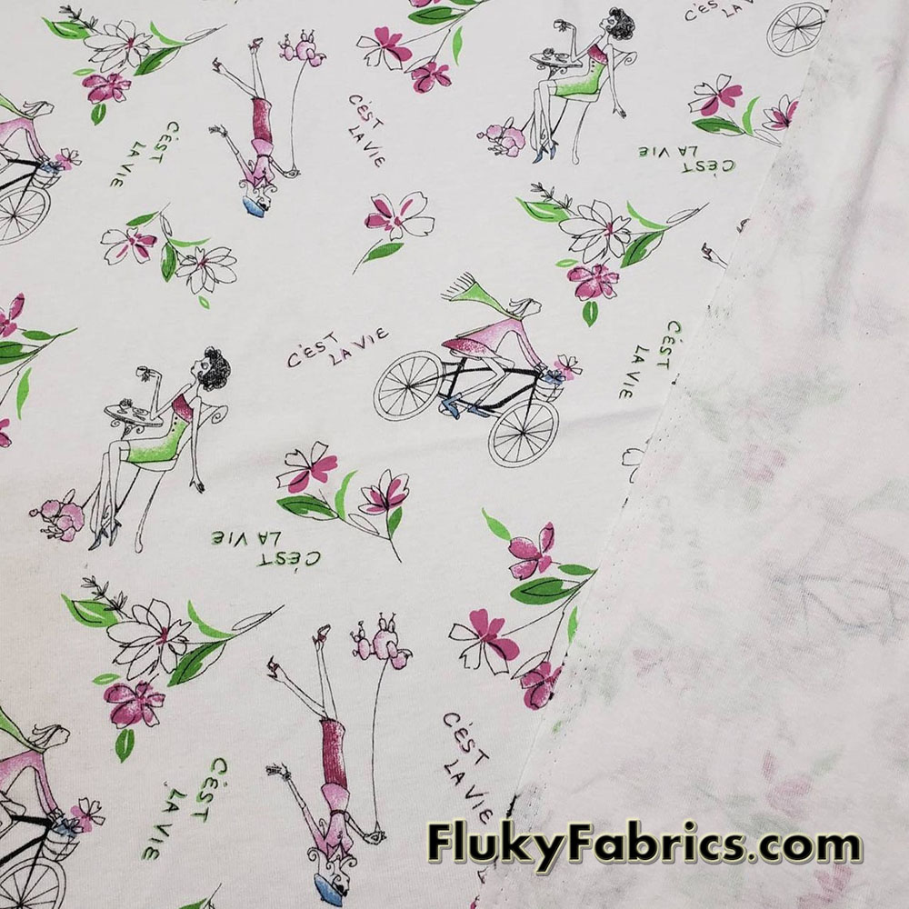 French Life Print on White Cotton Rib Fabric