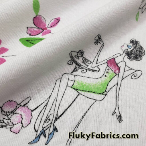 French Life Print on White Cotton Rib Fabric
