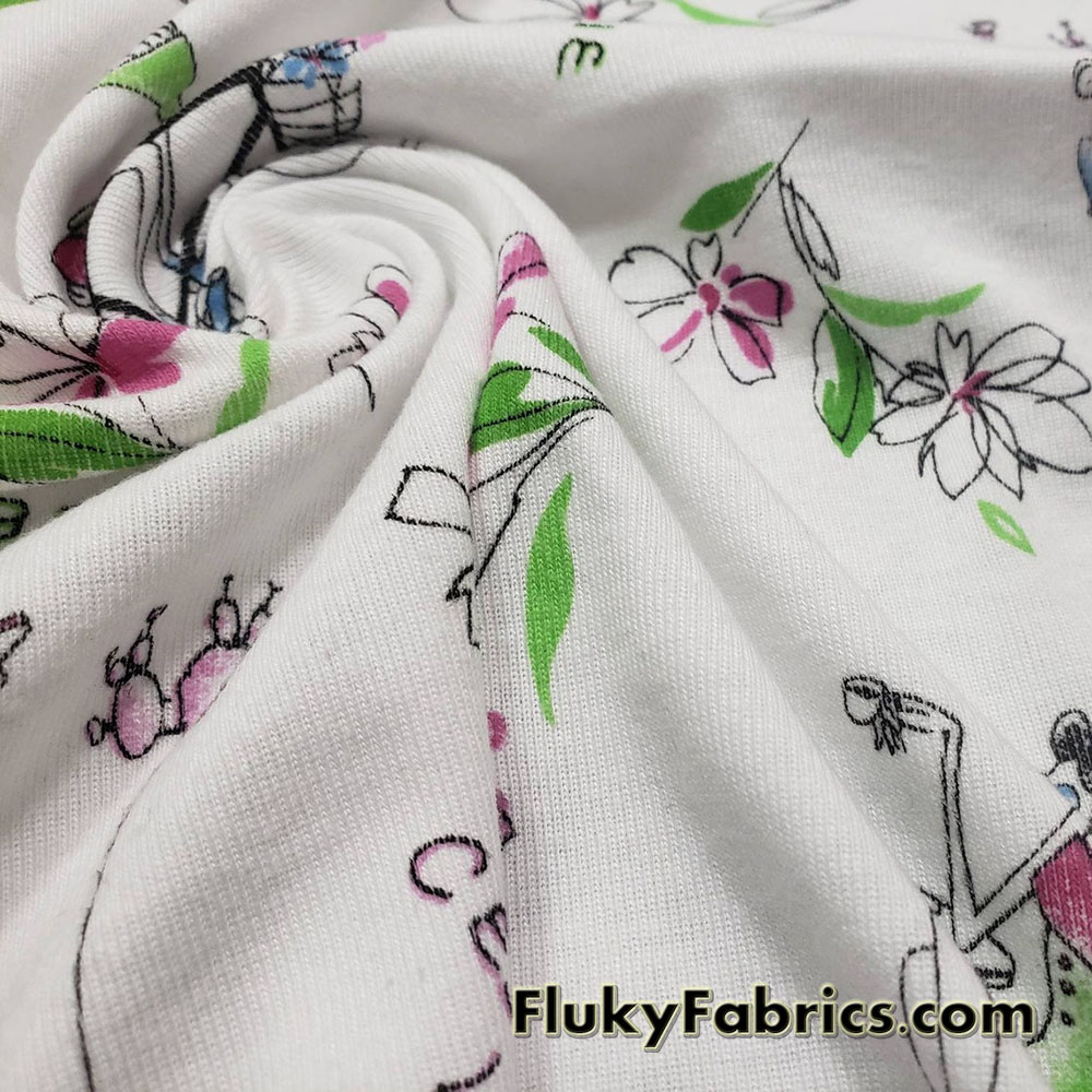 French Life Print on White Cotton Rib Fabric