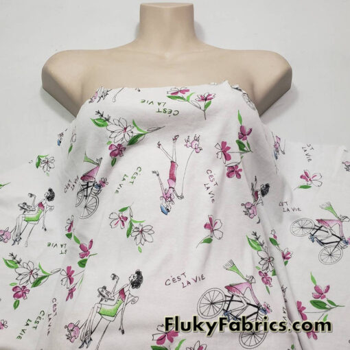 French Life Print on White Cotton Rib Fabric