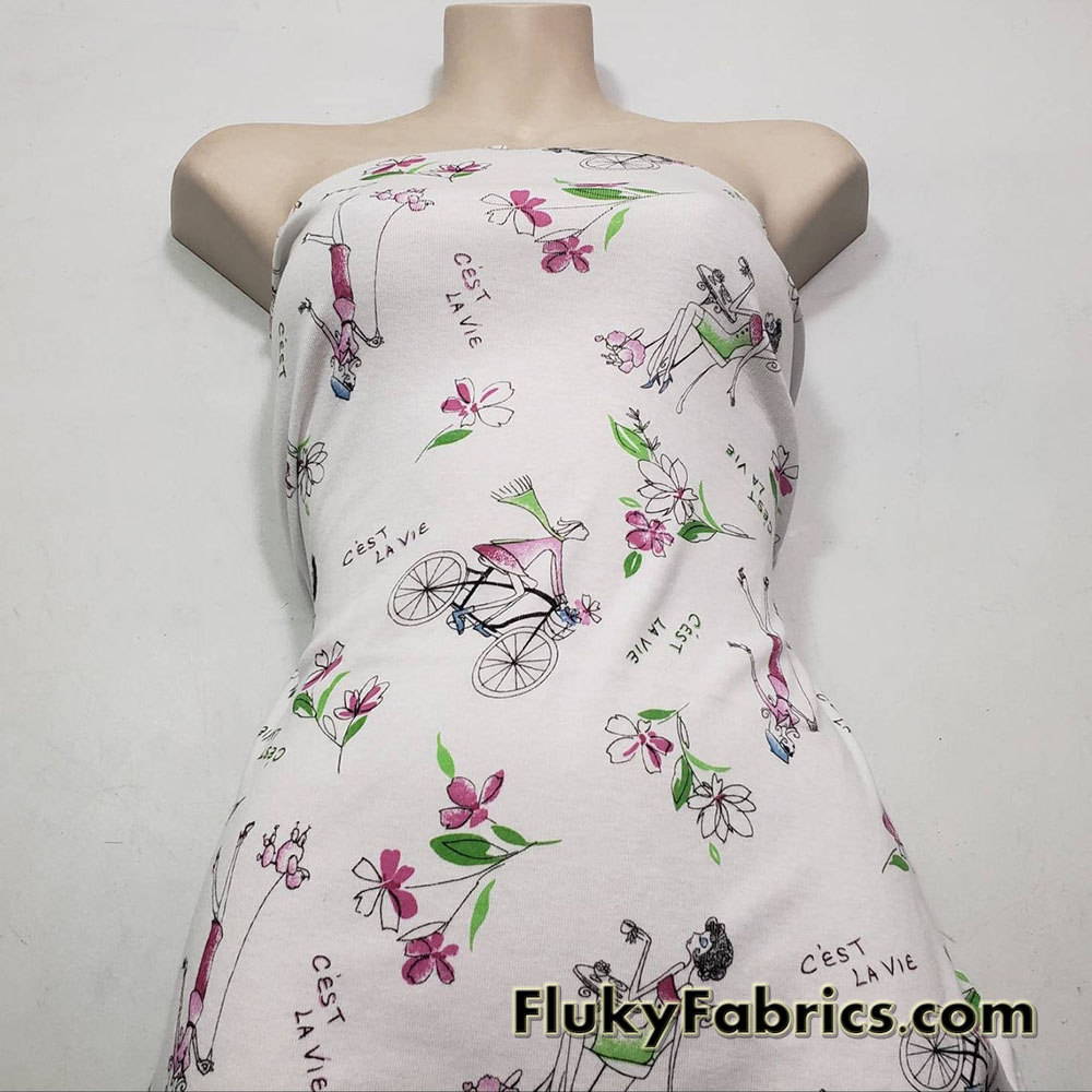 French Life Print on White Cotton Rib Fabric