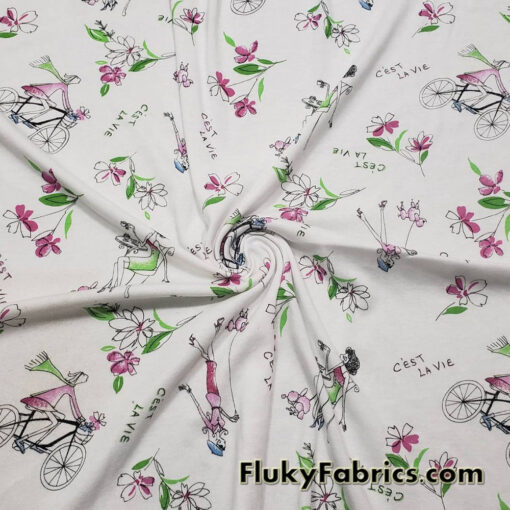 French Life Print on White Cotton Rib Fabric