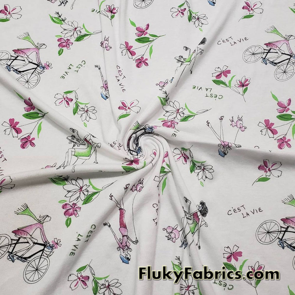 French Life Print on White Cotton Rib Fabric