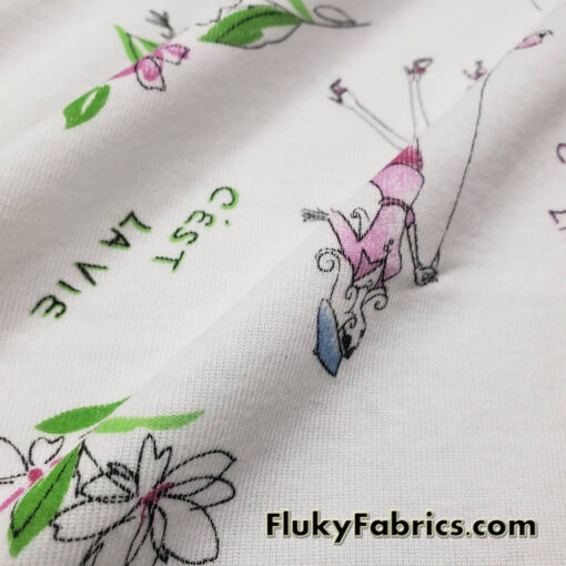 French Life Print on White Cotton Rib Fabric