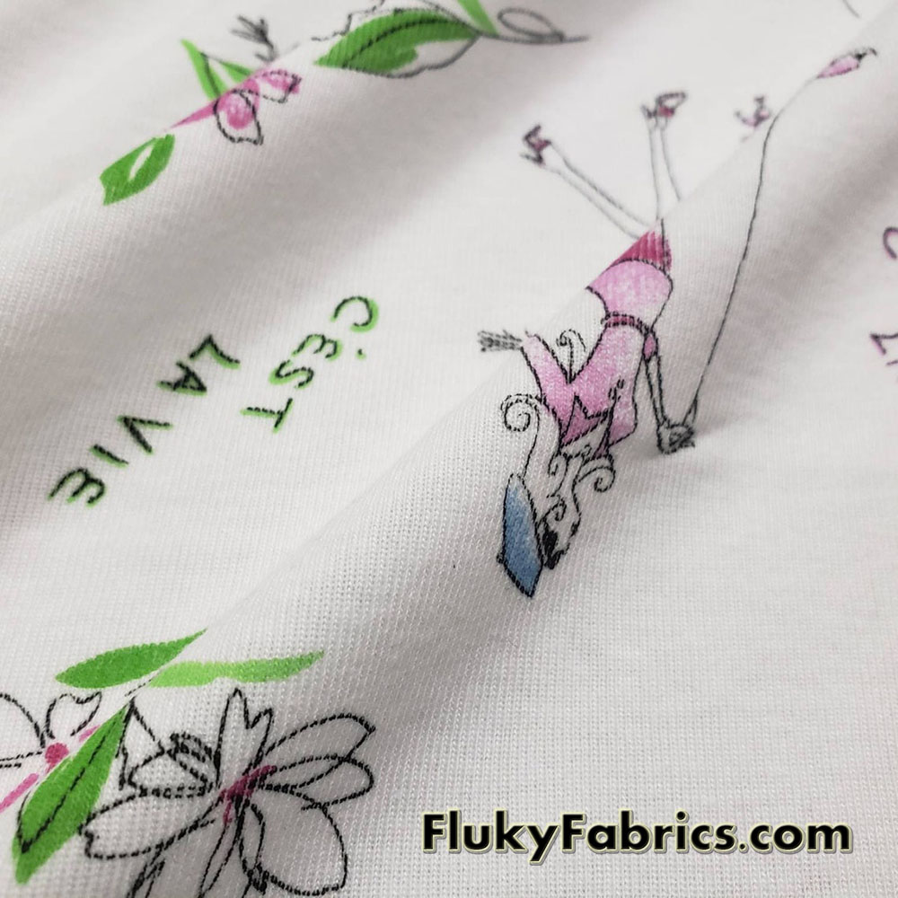 French Life Print on White Cotton Rib Fabric