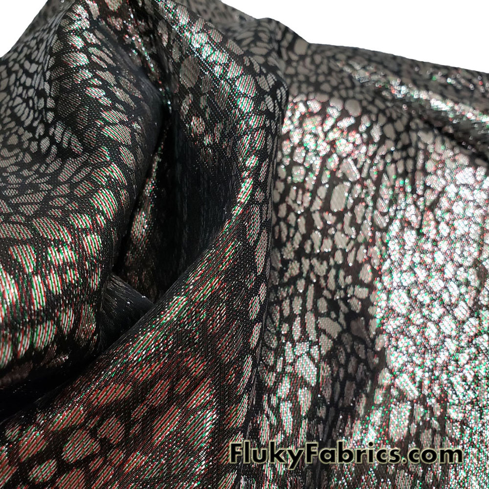 Silver with Green and Red Thread Metallic Pebbles Brocade Fabric