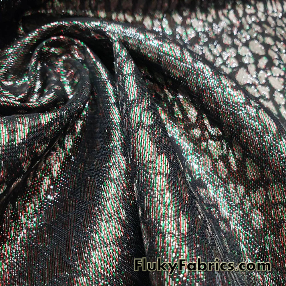 Silver with Green and Red Thread Metallic Pebbles Brocade Fabric